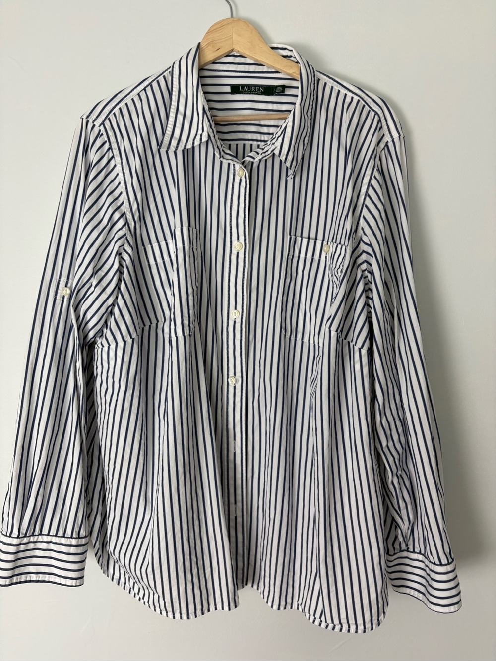 Lauren Ralph Lauren Women 3X Striped Cotton Button Down Shirt Roll Tab Sleeve